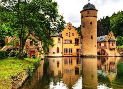 Niemcy, Bawaria, Zamek wodny Mespelbrunn Castle, Rzeka Elsava, Odbicie