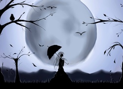 Księżyc, Kobieta, Parasol, Drzewa