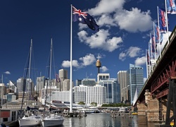 Przystań, Jachty, Drapacze Chmur, Most, Flagi, Australia