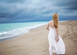 Kobieta, Morze, Plaża Chmury