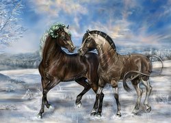 Drzewa, Konie, Śnieg, Obraz