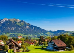 Góry Alpy, Lasy, Domy, Szwajcaria