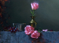 Obraz, Winogrona, Róże, Wazonik