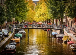 Holandia, Amsterdam, Kanał, Łodzie, Most, Jesień