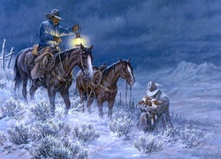 Obraz, Larry Fanning, Jeźdźcy, Kowboje, Konie, Zima