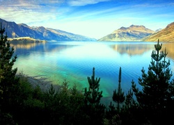 Jezioro, Góry, Drzewa, Nowa Zelandia