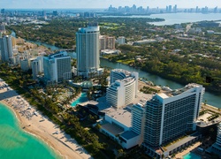 Wieżowce, Plaża, Ocean, Miami, Floryda