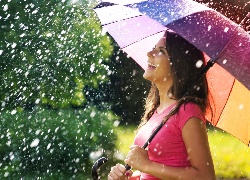 Radosna, Kobieta, Deszcz, Kolorowa, Parasolka