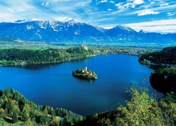 Jezioro, Bled, Wysepka, Góry, Słowenia