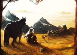 Obraz, Góry, Dziewczyna, Koń, Zabudowania
