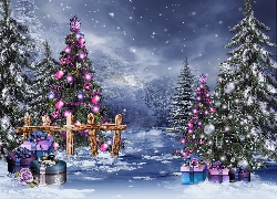 Boże, Narodzenie, Zima, Choinki, Góry, Prezenty