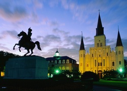Nowy Orlean, Luizjana, Pomnik, Jackson Square, Katedra, Wieczór