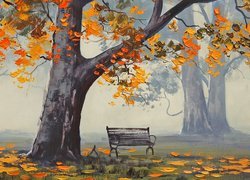 Malarstwo, Graham Gercken, Jesień, Drzewa, Liście, Ławka