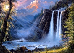 Niedźwiedzie, Wodospad, Góry, Promienie Słońca