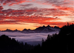 Góry, Chmury, Mgła, Zachód Słońca