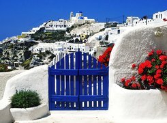 Grecja, Miasto, Niebieska, Brama, Kwiaty