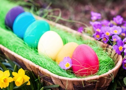 Wielkanoc, Kolorowe, Jajka, Koszyczek, Kwiaty