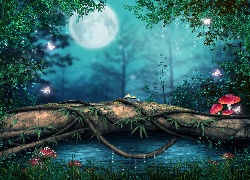 Fantasy, Drzewa, Muchomory, Motyle, Księżyc