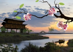 Rzeka, Most, Dom, Na, Palach, Kwitnące, Drzewo, Zachód, Słońca, Japonia