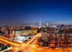 Wieża, Domy, Ulice, Berlin, Noc, Panorama