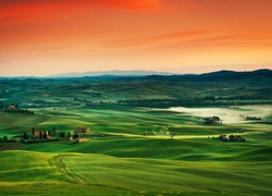 Farmy, Pola, Łąki, Góry, Zachód, Słońca,Panorama, Toskania, Włochy