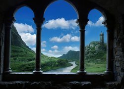 Okno, Zamek, Wzgórze, Rzeka, Chmury
