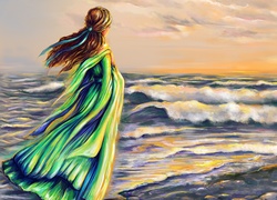 Malarstwo, Kobieta, Morze, Fale