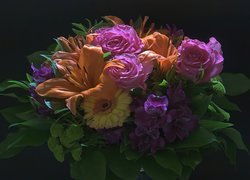 Bukiet, Kwiaty, Róże, Lilie, Gerbera