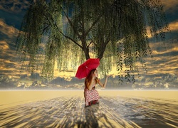 Kobieta, Czerwona, Parasolka, Drzewo, Deszcz