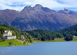 Jezioro, St.Moritz, Góry, Hotel, Szwajcaria