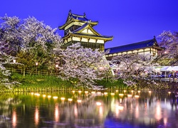 Japońskie, Domy, Kwitnące, Drzewa, Rzeka, Wiosna, Japonia