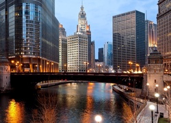 Wieżowce, Most, Rzeka, Chicago, USA