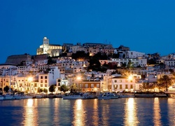 Wyspa, Ibiza, Valencia, Nocą, Domy, Nabrzeże, Jachty