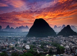 Panorama, Miasta, Góry, Mgła, Zachód, Słońca, Wieczór, Yangshu, Chiny