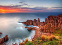 Ocean, Zachód Słońca, Skały, Australia