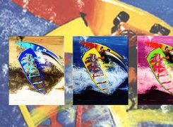 Windsurfing,deski kolorowe, żagiel , morze,fala