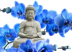 Błękitne, Kwiaty, Storczyki, Posąg Buddy