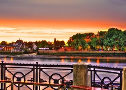 Rzeka, Domy, Zachód słońca, Balustrada Anglia, HDR