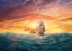 Żaglowiec, Piraci, Morze, Zachód słońca, Fantasy