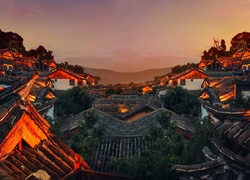 Oświetlone, Domy, Dachy, Lijiang, Chiny