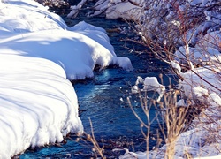 Rzeka, Krzewy, Śnieg, Zima