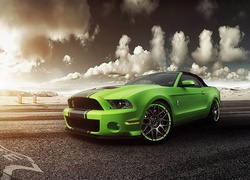 Zielony, Samochód, Ford, Mustang, Droga, Chmury