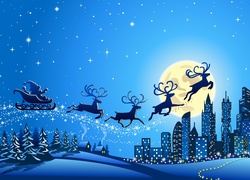 Boże Narodzenie, Gwiazdy, Księżyc, Renifery, Mikołaj, Sanie