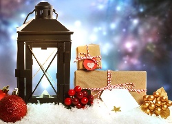 Bombki, Śnieg, Prezenty, Boże Narodzenie, Kompozycja, Lampion