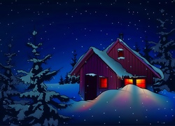Zima, Śnieg, Oświetlony, Dom, Drzewo, Dla dzieci