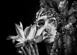 Kobieta, Azjatka, Kwiaty, Portret, Czarno-Białe