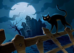 Halloween, Kot, Płot, Dom, Księżyc, Noc