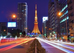 Japonia, Tokio, Tower, Wieża, Drapacze Chmur, Ulica, Noc