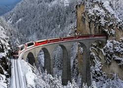 Pociąg, Most, Góry, Las, Śnieg