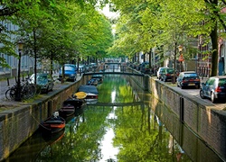 Amsterdam, Kanał, Łódki, Samochody